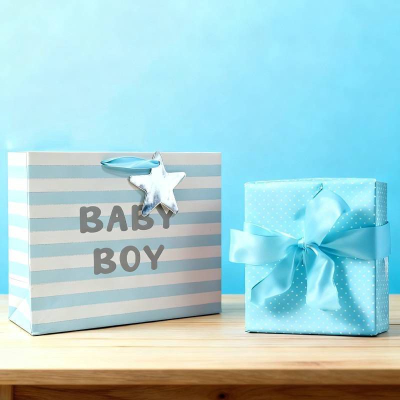 slide 2 of 4, Bows And Sparkles Medium Striped Foil Print 'Baby Boy' Baby Shower Gift Bag with Tag White/Blue, 1 ct