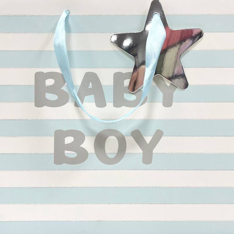slide 3 of 4, Bows And Sparkles Medium Striped Foil Print 'Baby Boy' Baby Shower Gift Bag with Tag White/Blue, 1 ct