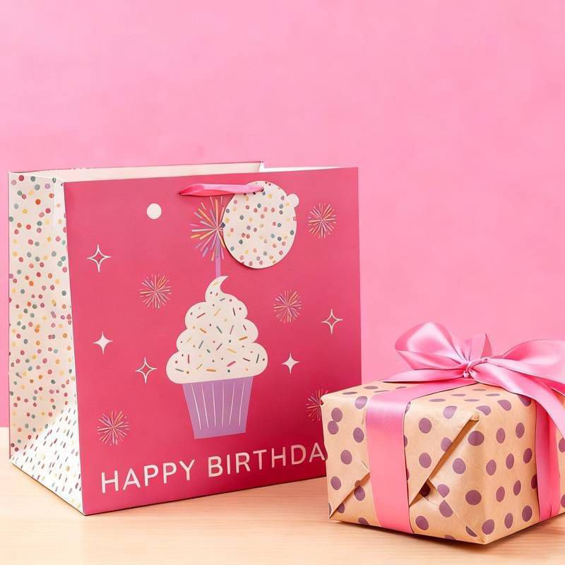slide 2 of 3, Bows And Sparkles Large Square 'Happy Birthday' Cupcake Gift Bag with Tag Pink, 1 ct