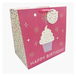 Bows And Sparkles Large Square 'Happy Birthday' Cupcake Gift Bag with Tag Pink