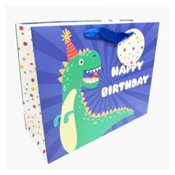 Bows And Sparkles Medium 'Happy Birthday' Dinosaur Gift Bag with Tag Blue/Green