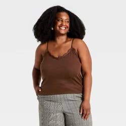 Women's Modern Ribbed V-Neck Lace Cami Top - A New Day™ Brown XXL