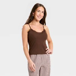 Women's Modern Ribbed V-Neck Lace Cami Top - A New Day™ Brown M