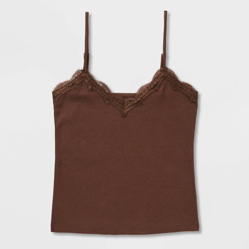 slide 4 of 4, Women's Modern Ribbed V-Neck Lace Cami Top - A New Day™ Brown S, 1 ct