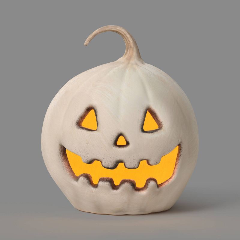 slide 1 of 3, 10.75" Lit Fall and Halloween Pumpkin Jack O' Lantern with Timer and Terracotta Look Off-White - Hyde and EEK! Boutique™, 10.75 in