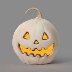 10.75" Lit Pumpkin Jack O' Lantern with Timer and Terracotta Look Halloween Decorative Prop Off-White - Hyde and EEK! Boutique™