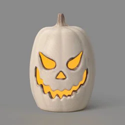 11.5" Classic Lit Pumpkin Jack O' Lantern with Timer and Terracotta Look Halloween Decorative Prop Off-White - Hyde and EEK! Boutique™