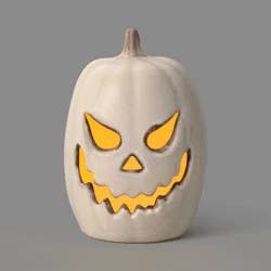11.5" Classic Lit Pumpkin Jack O' Lantern with Timer and Terracotta Look Halloween Decorative Prop Off-White - Hyde and EEK! Boutique™