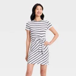 Women's Short Sleeve Tie-Front Knit Mini Dress - A New Day™ White/Black Striped XS