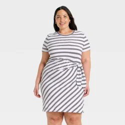 Women's Short Sleeve Tie-Front Knit Mini Dress - A New Day™ White/Black Striped XXL