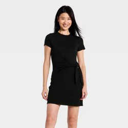 Women's Short Sleeve Tie-Front Knit Midi Dress - A New Day™ Black M