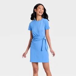 Women's Short Sleeve Tie-Front Knit Mini Dress - A New Day™ Blue M