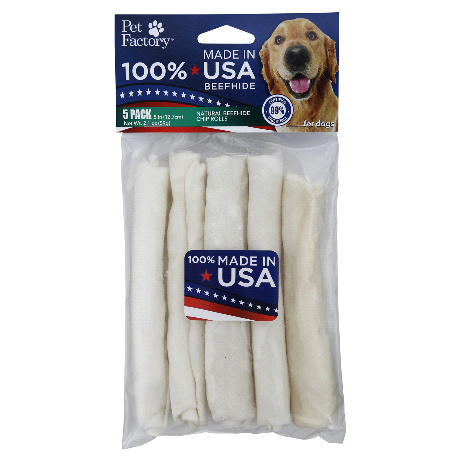 slide 1 of 2, Pet Factory American 5 Beefhide Chip Rolls USA, 5 ft