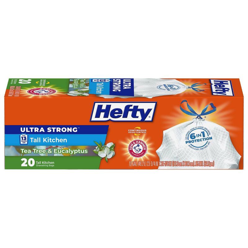 slide 1 of 9, Hefty UltraStrong Tall Drawstring Kitchen Trash Bags - Tea Tree & Eucalyptus - 13 Gallon - 20ct, 13 gal, 20 ct