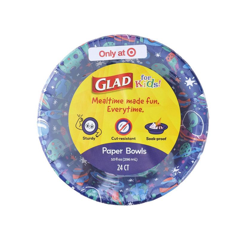 slide 1 of 5, Glad for kids' Space Alien Disposable Paper Bowls - 10oz/24ct: Classic Patterns, Shapes, 6.102" Length, Round Shape, 10 oz, 24 ct