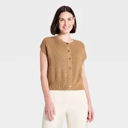 Women's Crewneck Cap Sleeve Button-Front Sweater Vest - A New Day™ Light Brown M
