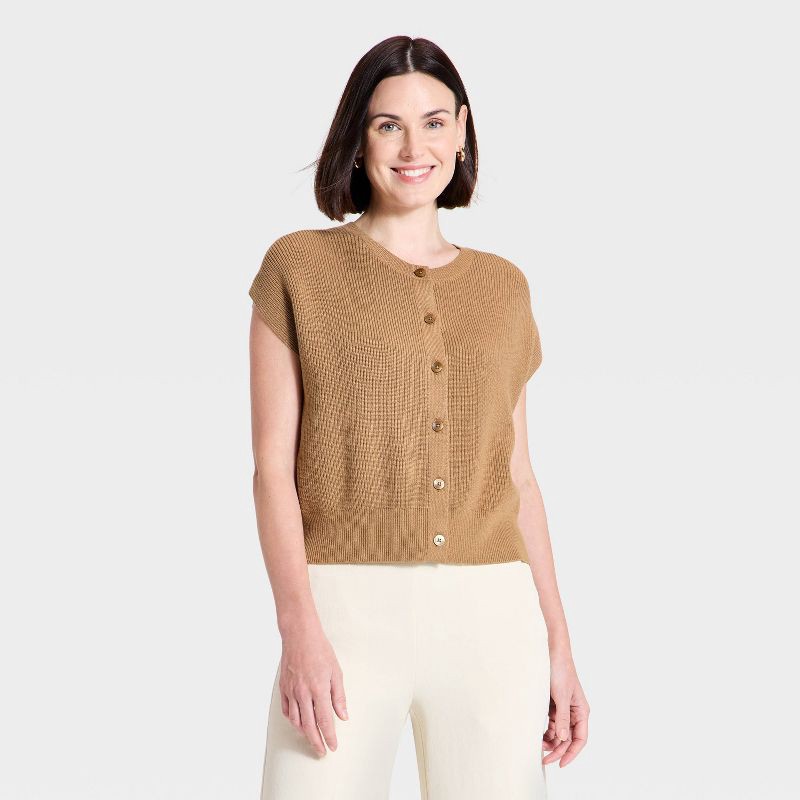 slide 1 of 3, Women's Crewneck Cap Sleeve Button-Front Sweater Vest - A New Day™ Light Brown L, 1 ct