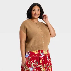 Women's Crewneck Cap Sleeve Button-Front Sweater Vest - A New Day™ Light Brown XXL