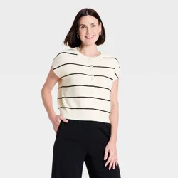 Women's Crewneck Cap Sleeve Button-Front Sweater Vest - A New Day™ Cream/Black Striped S