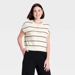 Women's Crewneck Cap Sleeve Button-Front Sweater Vest - A New Day™ Cream/Black Striped L