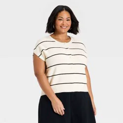 Women's Crewneck Cap Sleeve Button-Front Sweater Vest - A New Day™ Cream/Black Striped XXL