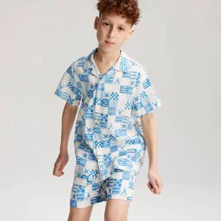 Boys' Short Sleeve Patchwork Printed Linen Blend Button-Up Shirt - Cat & Jack™ Blue XL