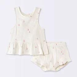 Baby Girls' 2pc Boat Graphic Peplum Tank Top and Ruffle Shorts Set - Cloud Island™ Cream Newborn