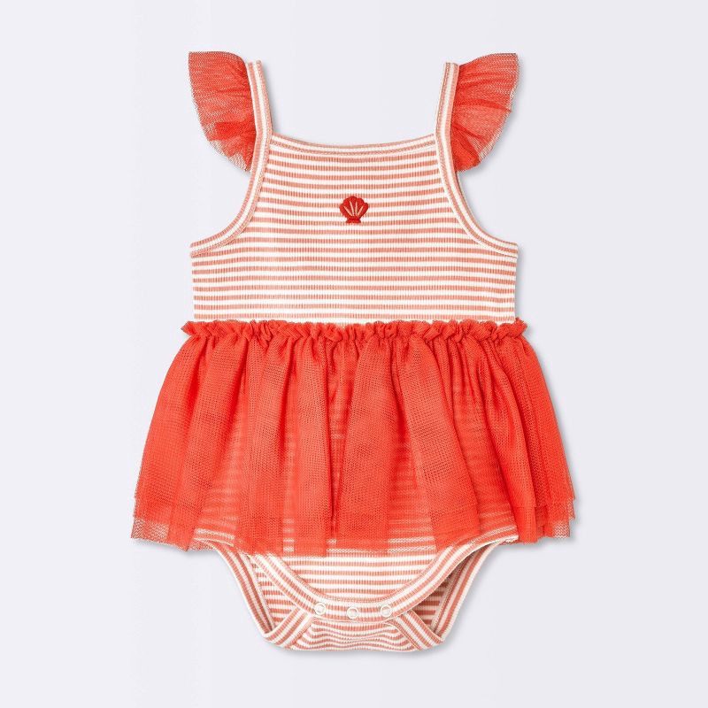slide 1 of 4, Baby Girls' Striped Tulle Sunsuit - Cloud Island™ Red Newborn, 1 ct