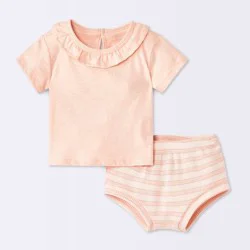 Baby Girls' 2pc Striped Ruffle Short Sleeve T-Shirt and Waffle Bloomer Set - Cloud Island™ Pink Newborn