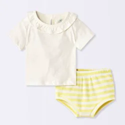 Baby Girls' 2pc Striped Ruffle Short Sleeve T-Shirt and Waffle Bloomer Set - Cloud Island™ Yellow 6-9M