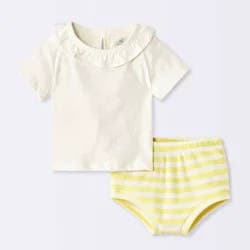 Baby Girls' 2pc Striped Ruffle Short Sleeve T-Shirt and Waffle Bloomer Set - Cloud Island™ Yellow 6-9M