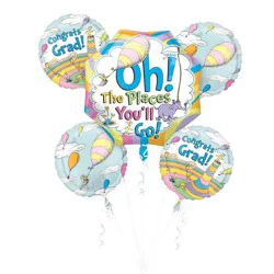 5pc Dr. Seuss Graduation Pre Inflated Helium Foil Balloon Bundle