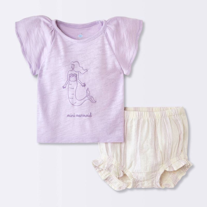 slide 1 of 4, Baby Girls' 2pc Mermaid Graphic T-Shirt and Striped Bloomer Set - Cloud Island™ Purple 0-3M, 2 ct