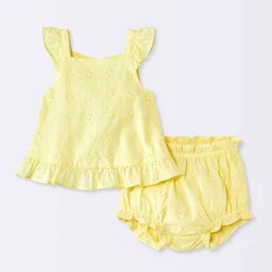Baby Girls' 2pc Floral Eyelet Ruffle Tank Top and Bloomer Set - Cloud Island™ Yellow 3-6M