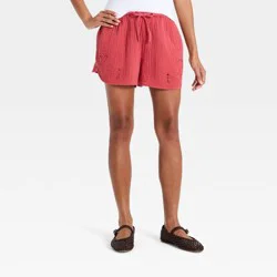 Women's Mid-Rise Cutwork Cotton Pull-On Shorts - Universal Thread™ Berry Red S