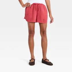 Women's Mid-Rise Cutwork Cotton Pull-On Shorts - Universal Thread™ Berry Red M