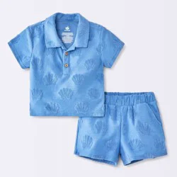 Baby Boys' Sea Shell Button-Down T-Shirt and Terry Shorts Set - Cloud Island™ Blue 18M