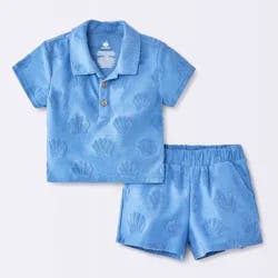 Baby Boys' Sea Shell Button-Down T-Shirt and Terry Shorts Set - Cloud Island™ Blue 24M