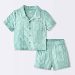 Baby Boys' Striped Button-Down T-Shirt and Cabana Shorts Set - Cloud Island™ Light Green 24M
