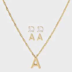 Brass Polished Letter "A" Charm Necklace & Cubic Zirconia Stud Earrings 3pc Set - A New Day™ Gold