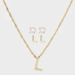 Brass Polished Letter "L" Charm Necklace & Cubic Zirconia Stud Earrings 3pc Set - A New Day™ Gold