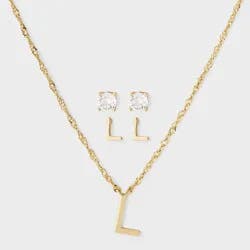 Brass Polished Letter "L" Charm Necklace & Cubic Zirconia Stud Earrings 3pc Set - A New Day™ Gold