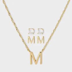 Brass Polished Letter "M" Charm Necklace & Cubic Zirconia Stud Earrings 3pc Set - A New Day™ Gold
