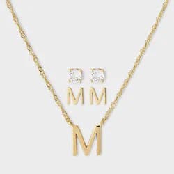 Brass Polished Letter "M" Charm Necklace & Cubic Zirconia Stud Earrings 3pc Set - A New Day™ Gold