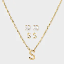 Brass Polished Letter "S" Charm Necklace & Cubic Zirconia Stud Earrings 3pc Set - A New Day™ Gold