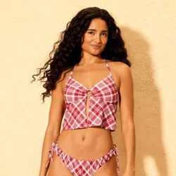 Women's Center Ring Fly-Away Medium Coverage Tankini Top - Wild Fable™ Burgundy Plaid Print XS