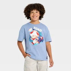 Boys' Nintendo Super Mario Brothers Short Sleeve Toad Let's Go Oversized Graphic T-Shirt - Light Blue S