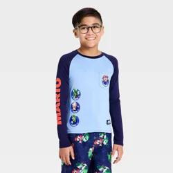 Boys' Nintendo Super Mario Brothers Long Sleeve Rash Guard Top - Navy Blue/Blue M