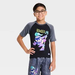 Boys' Nintendo Super Mario Brothers Bowser Short Sleeve Rash Guard Top - Charcoal Gray/Black XS