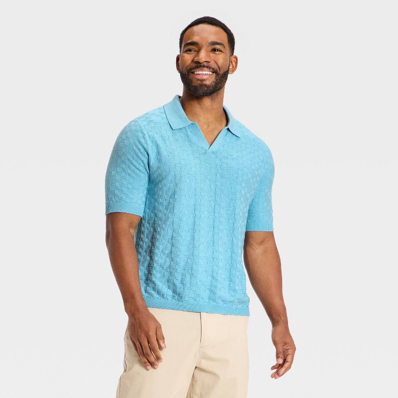 slide 1 of 3, Men's Short Sleeve Johnny Collar Sweater Polo - Goodfellow & Co™ Blue L, 1 ct
